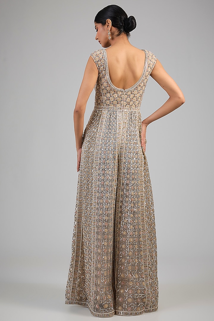 Oyster Indian Tulle Sequins Embellished Jumpsuit With Cape by Tarun Tahiliani at Pernia's Pop Up Shop