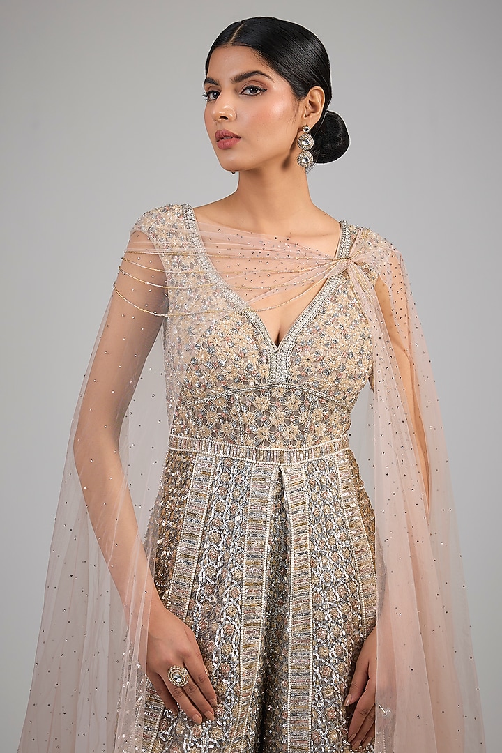 Oyster Indian Tulle Sequins Embellished Jumpsuit With Cape by Tarun Tahiliani at Pernia's Pop Up Shop