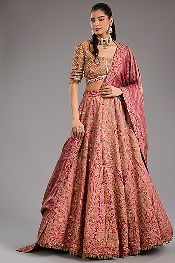 Fuchsia Silk Paisley Motif Hand Embroidered Lehenga Set by Tarun Tahiliani