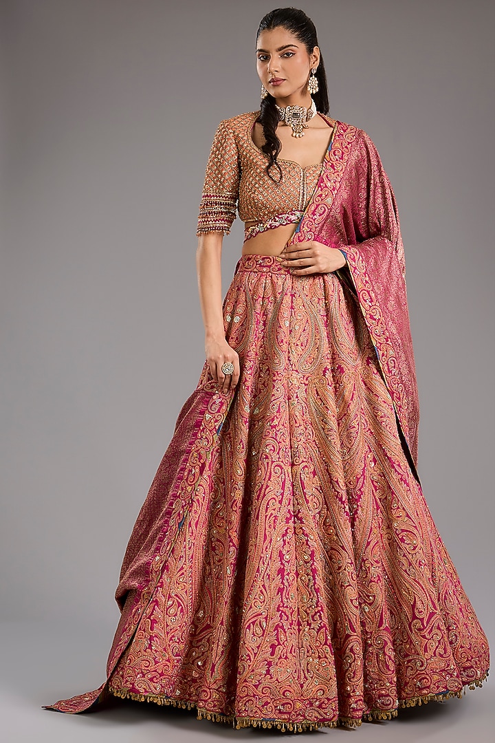 Fuchsia Silk Paisley Motif Hand Embroidered Bridal Lehenga Set by Tarun Tahiliani at Pernia's Pop Up Shop