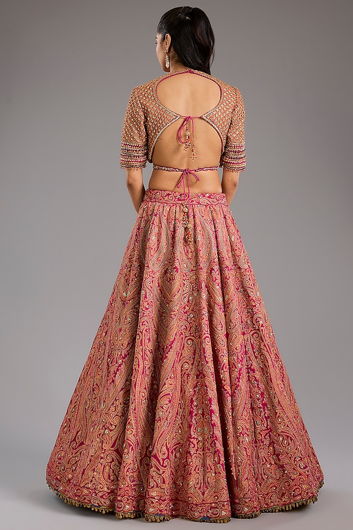 Fuchsia Silk Paisley Motif Hand Embroidered Bridal Lehenga Set by Tarun Tahiliani at Pernia's Pop Up Shop