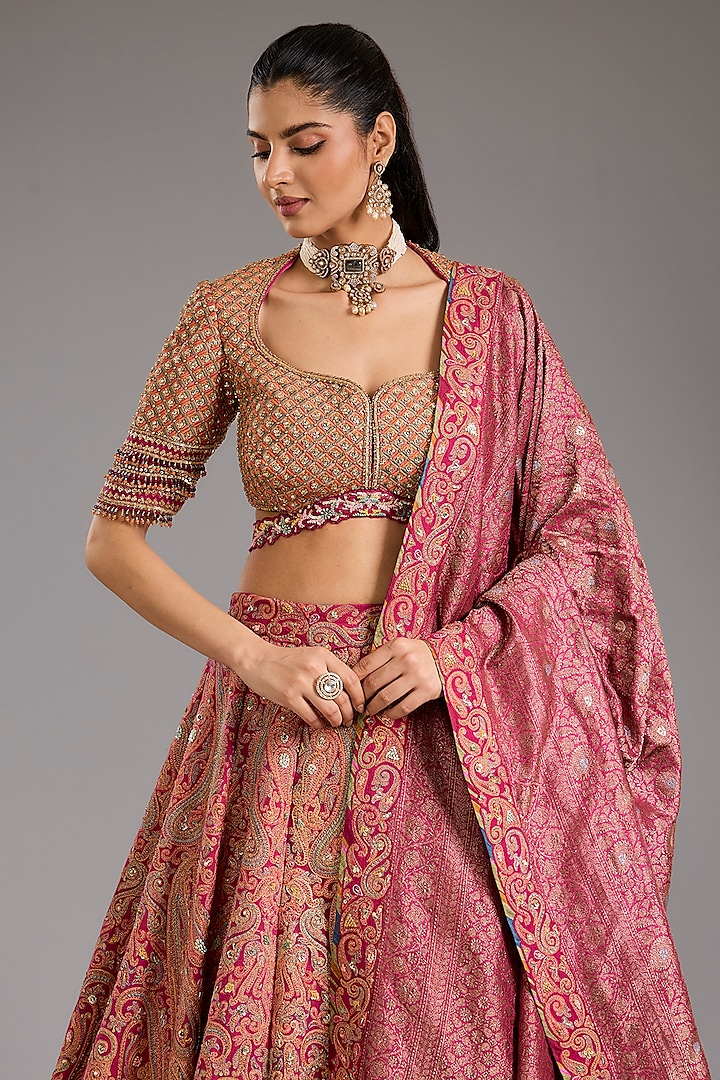 Fuchsia Silk Paisley Motif Hand Embroidered Bridal Lehenga Set by Tarun Tahiliani at Pernia's Pop Up Shop