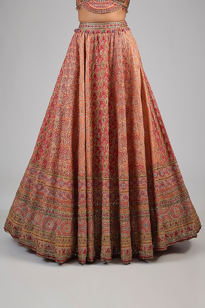 Red Silk Dupion Kashida Hand Embroidered Bridal Lehenga Set by Tarun Tahiliani at Pernia's Pop Up Shop