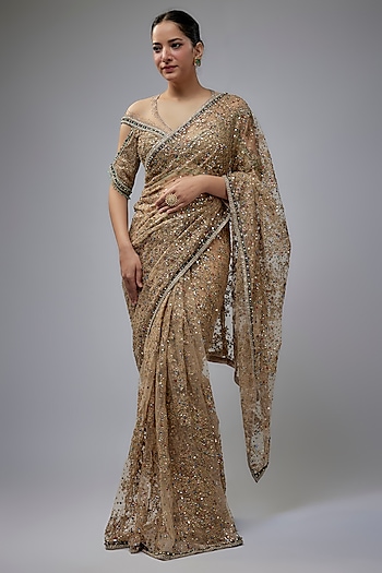 Gold Indian Tulle Saree Set by Tarun Tahiliani