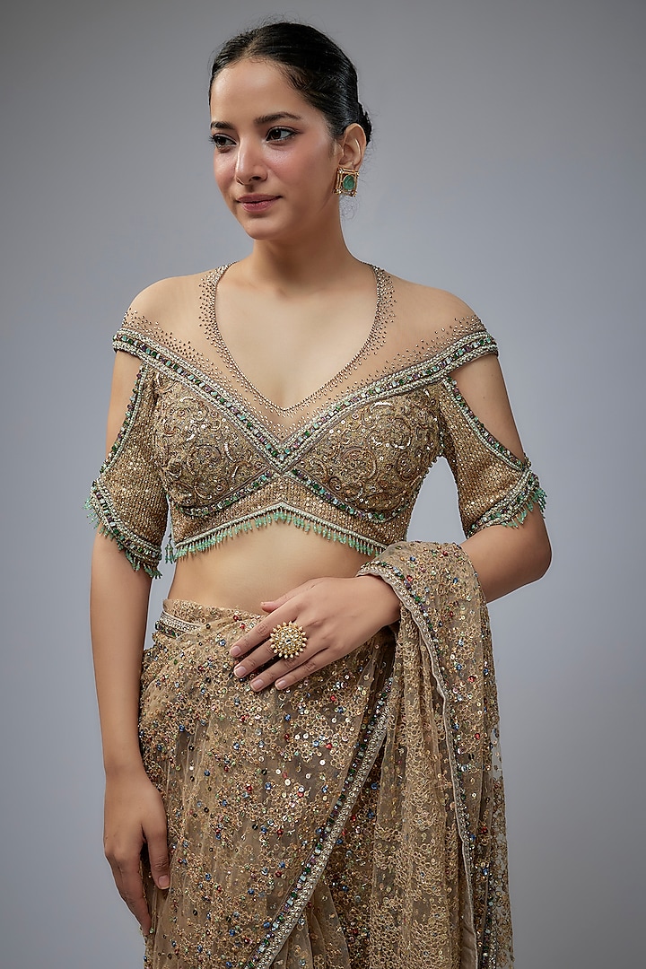 Gold Indian Tulle Bridal Saree Set by Tarun Tahiliani at Pernia's Pop Up Shop