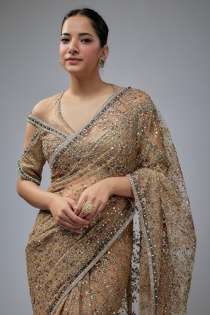 Gold Indian Tulle Bridal Saree Set by Tarun Tahiliani at Pernia's Pop Up Shop