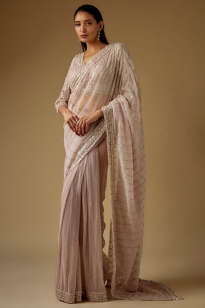 Mauve Crinkle Tulle Sequins Embroidered Saree Set by Tarun Tahiliani at Pernia's Pop Up Shop