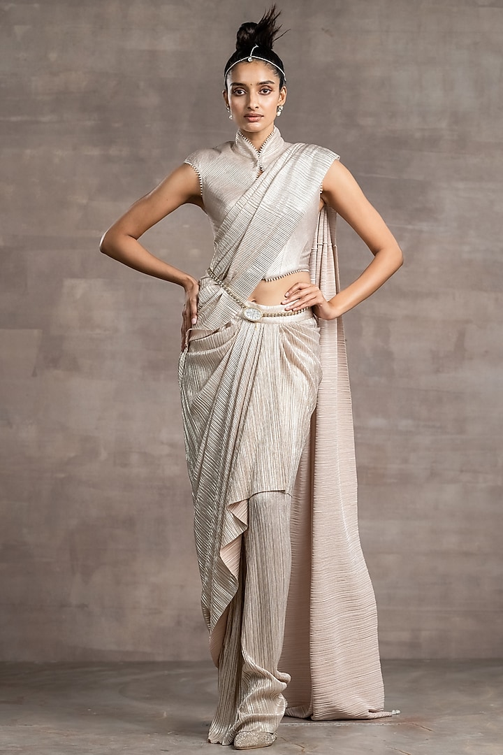 Metallic Gold Crinkle Jersey Draped Concept Saree Set by Tarun Tahiliani