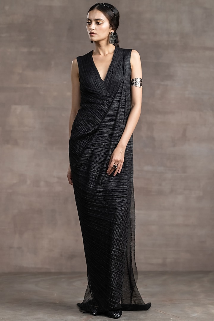 Black Crinkle Tulle & Sheer Draped Dress by Tarun Tahiliani