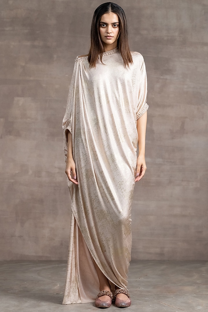 Metallic Blush Foil Jersey Draped Kaftan Dress by Tarun Tahiliani