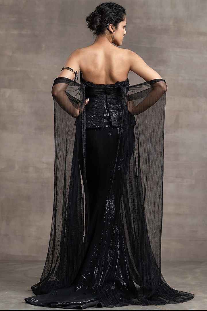 Black Crinkle Tulle Semi-Sheer Gown by Tarun Tahiliani at Pernia's Pop Up Shop