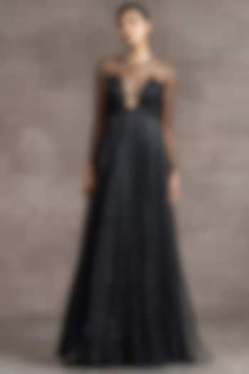 Black Crinkle Tulle Fit & Flared Gown by Tarun Tahiliani
