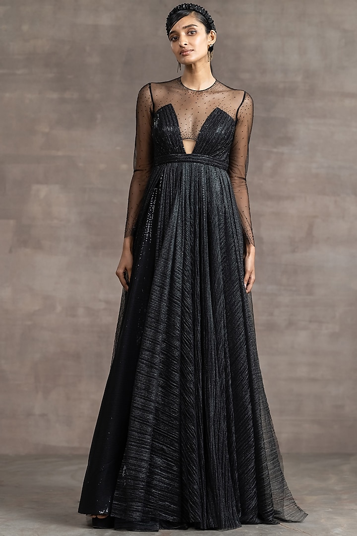 Black Crinkle Tulle Fit & Flared Gown by Tarun Tahiliani