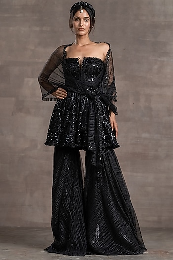 Black Crinkle Net Sharara Set by Tarun Tahiliani