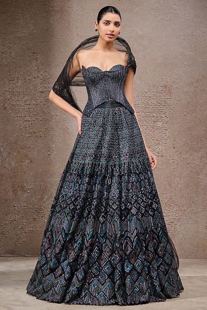 Black & Multi-Colored Tulle Net Sequins Embroidered Bridal Lehenga Set by Tarun Tahiliani at Pernia's Pop Up Shop