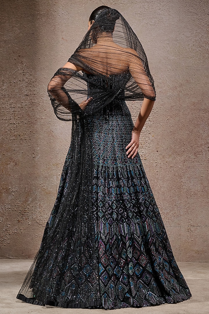 Black & Multi-Colored Tulle Net Sequins Embroidered Bridal Lehenga Set by Tarun Tahiliani at Pernia's Pop Up Shop