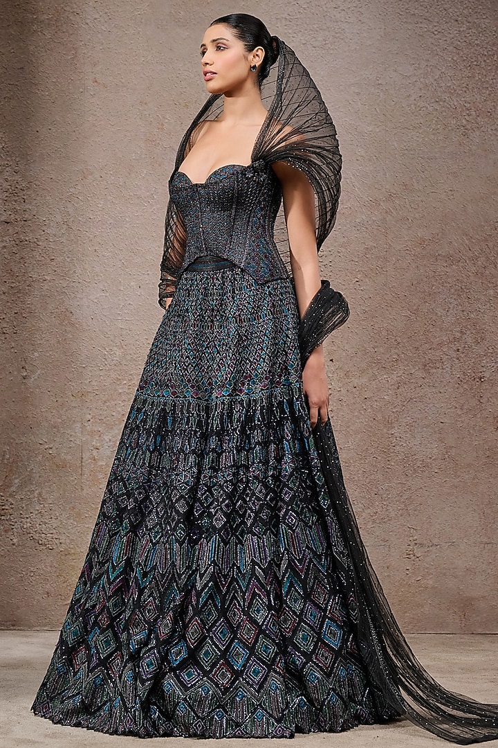 Black & Multi-Colored Tulle Net Sequins Embroidered Bridal Lehenga Set by Tarun Tahiliani at Pernia's Pop Up Shop