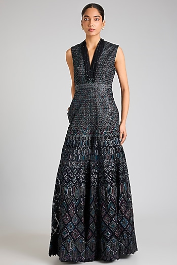 Black Tulle Net Crystal Embroidered Jumpsuit by Tarun Tahiliani