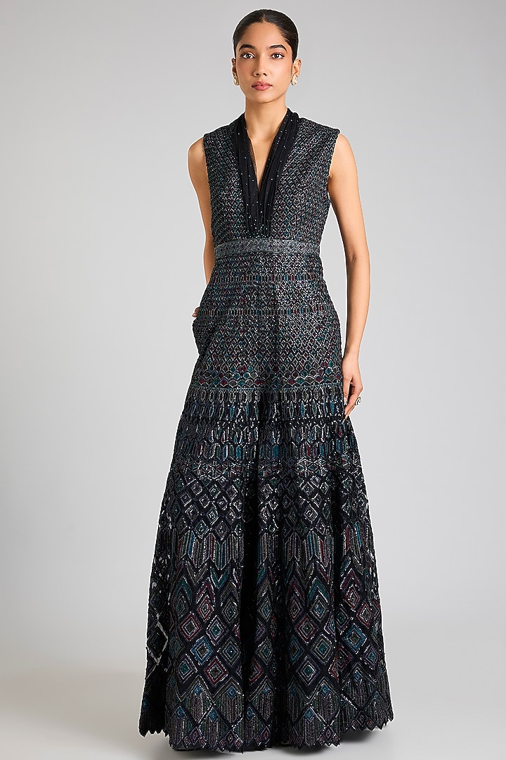 Black Tulle Net Crystal Embroidered Jumpsuit by Tarun Tahiliani at Pernia's Pop Up Shop