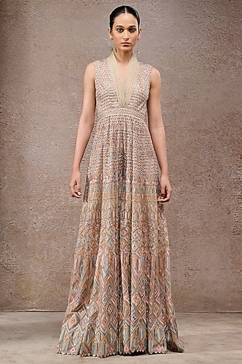 Beige Tulle Net Embroidered Jumpsuit by Tarun Tahiliani