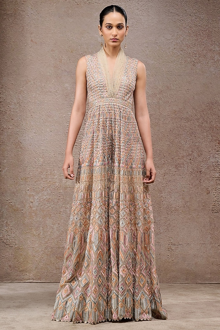 Beige Tulle Net Embroidered Jumpsuit by Tarun Tahiliani at Pernia's Pop Up Shop