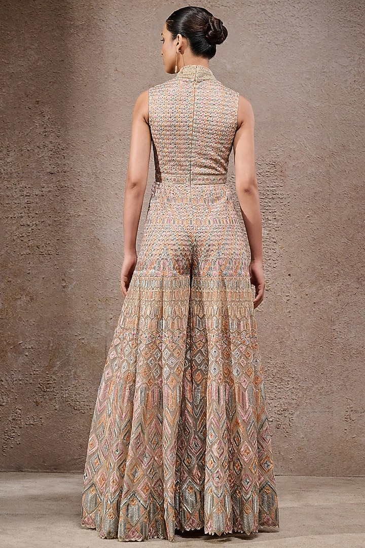 Beige Tulle Net Embroidered Jumpsuit by Tarun Tahiliani at Pernia's Pop Up Shop