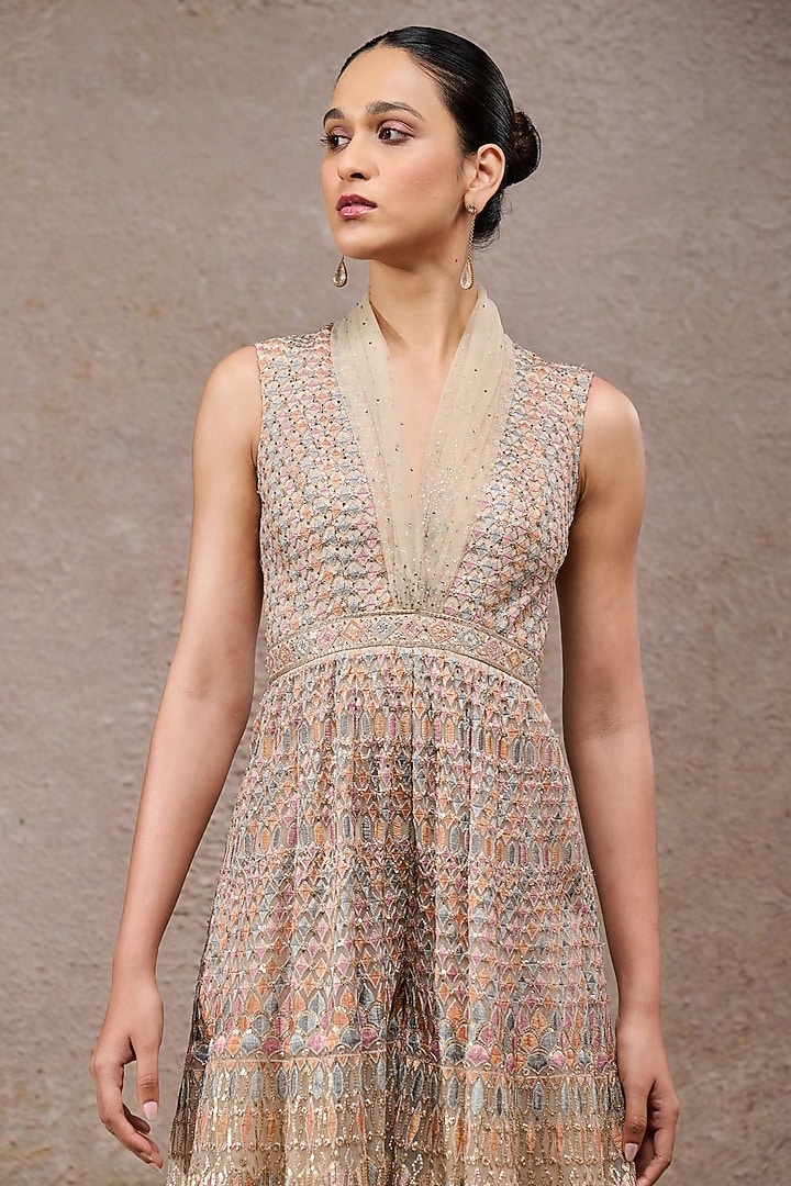 Beige Tulle Net Embroidered Jumpsuit by Tarun Tahiliani at Pernia's Pop Up Shop