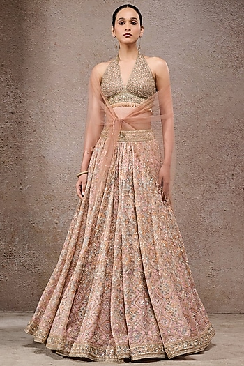 Multi-Colored Tulle Net Geometric Embroidered Lehenga Set by Tarun Tahiliani