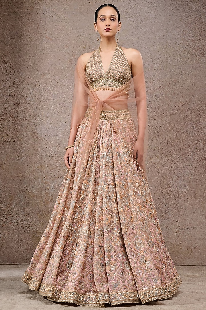 Multi-Colored Tulle Net Geometric Embroidered Bridal Lehenga Set by Tarun Tahiliani at Pernia's Pop Up Shop