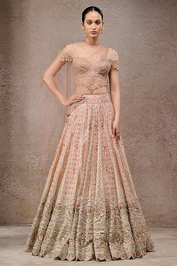 Ivory & Gold Tulle Net Sequins Embroidered Bridal Lehenga Set by Tarun Tahiliani at Pernia's Pop Up Shop