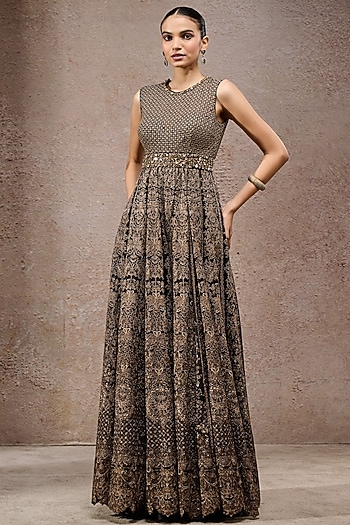 Black & Gold Tulle Net Thread Work Jumpsuit by Tarun Tahiliani
