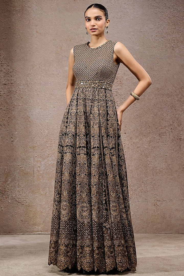 Black & Gold Tulle Net Thread Work Jumpsuit by Tarun Tahiliani at Pernia's Pop Up Shop