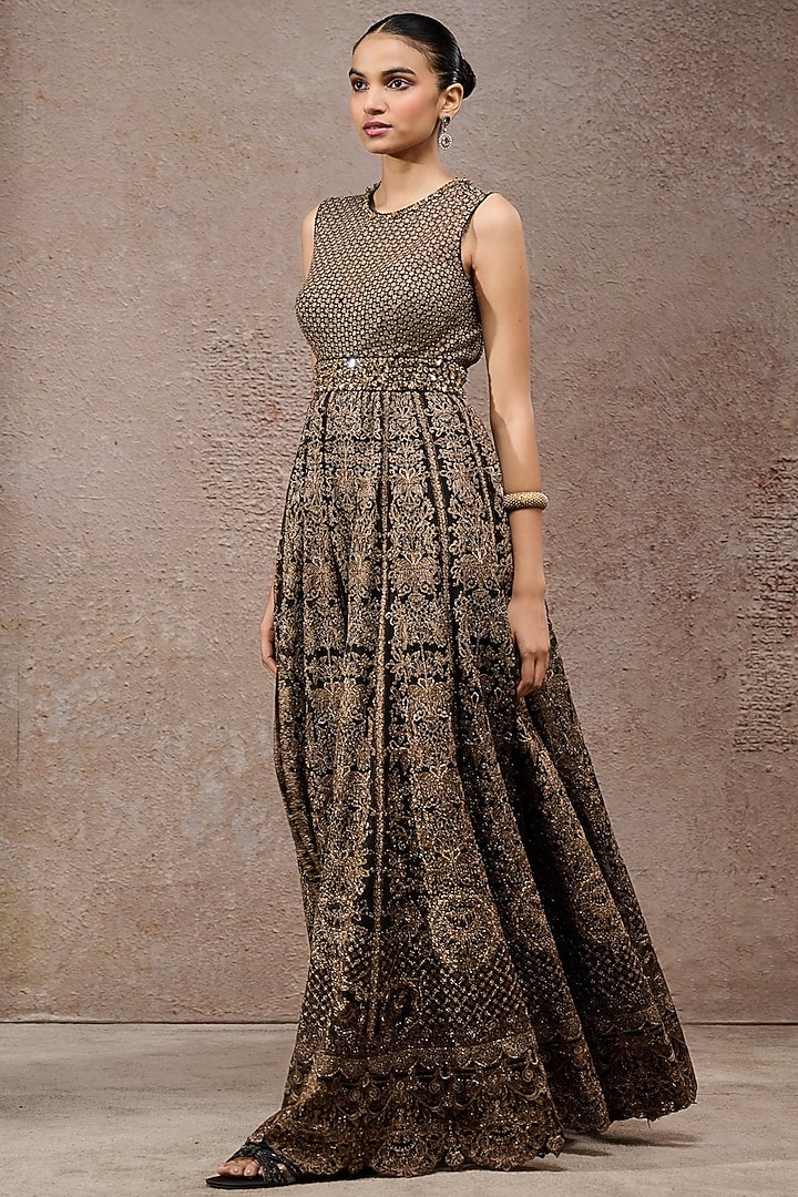 Black & Gold Tulle Net Thread Work Jumpsuit by Tarun Tahiliani at Pernia's Pop Up Shop