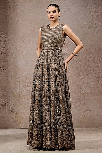 Black & Gold Tulle Net Thread Work Jumpsuit by Tarun Tahiliani