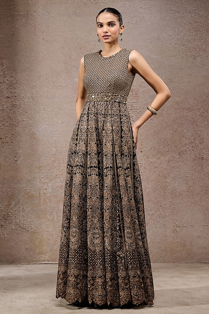 Black & Gold Tulle Net Thread Work Jumpsuit by Tarun Tahiliani at Pernia's Pop Up Shop