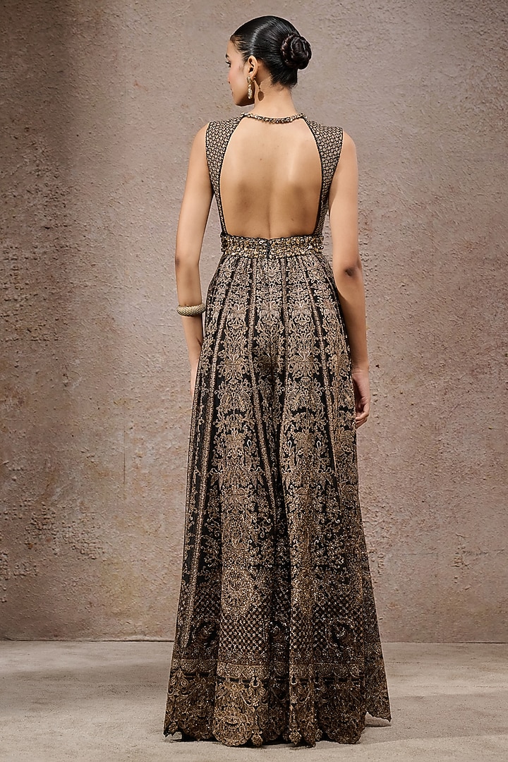 Black & Gold Tulle Net Thread Work Jumpsuit by Tarun Tahiliani at Pernia's Pop Up Shop