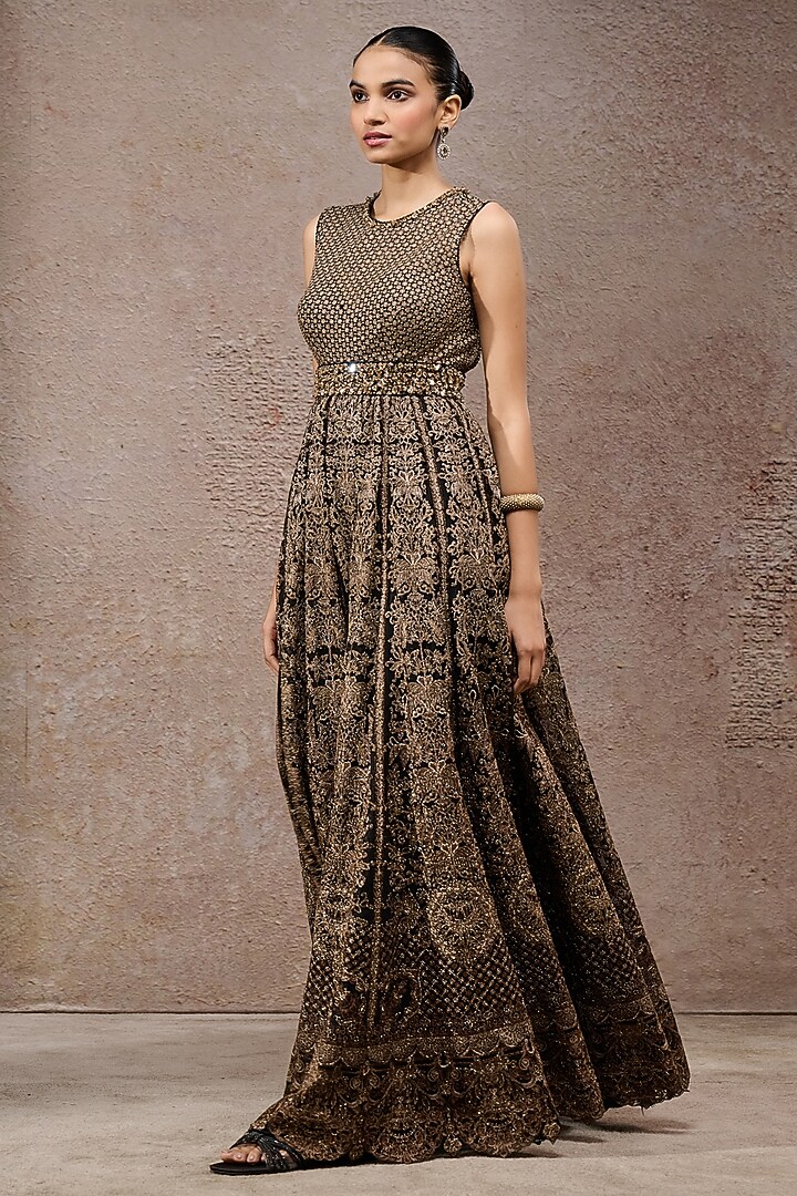 Black & Gold Tulle Net Thread Work Jumpsuit by Tarun Tahiliani at Pernia's Pop Up Shop