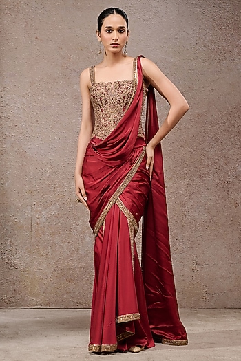 Wine Charmeuse Concept Draped Saree Set by Tarun Tahiliani