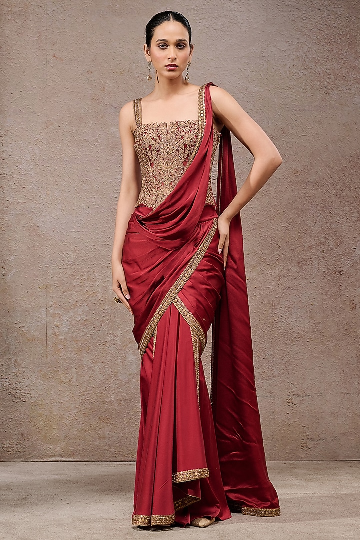 Wine Charmeuse Concept Draped Bridal Saree Set by Tarun Tahiliani at Pernia's Pop Up Shop