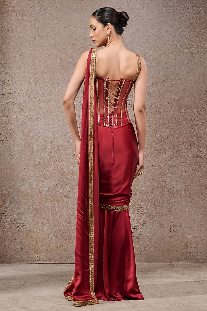 Wine Charmeuse Concept Draped Bridal Saree Set by Tarun Tahiliani at Pernia's Pop Up Shop