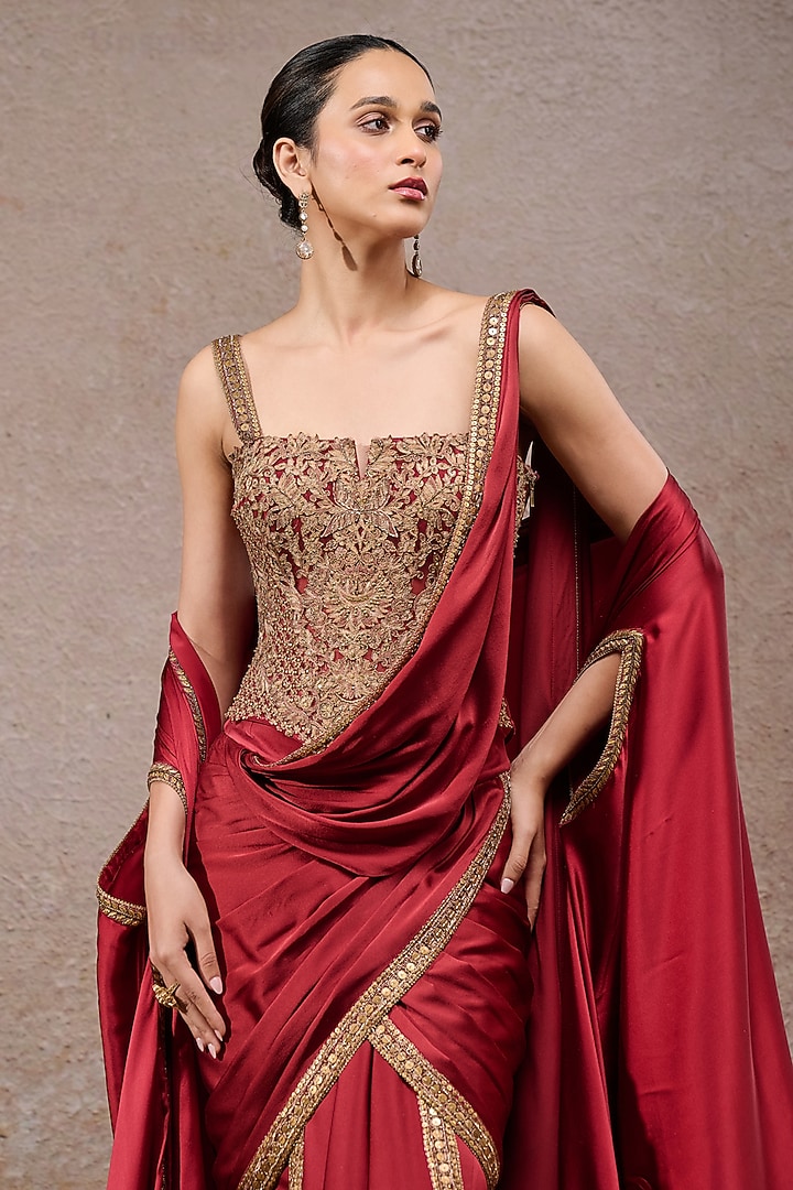 Wine Charmeuse Concept Draped Bridal Saree Set by Tarun Tahiliani at Pernia's Pop Up Shop
