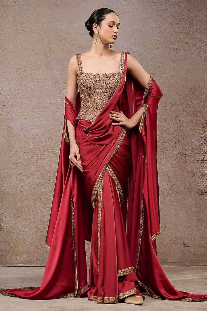 Wine Charmeuse Concept Draped Bridal Saree Set by Tarun Tahiliani at Pernia's Pop Up Shop