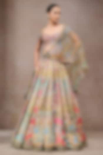 Multi-Colored Chanderi Floral Motif Printed Bridal Lehenga Set by Tarun Tahiliani at Pernia's Pop Up Shop
