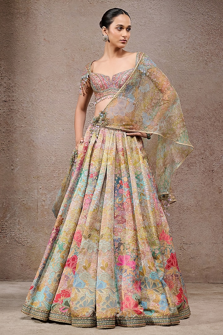 Multi-Colored Chanderi Floral Motif Printed Bridal Lehenga Set by Tarun Tahiliani at Pernia's Pop Up Shop