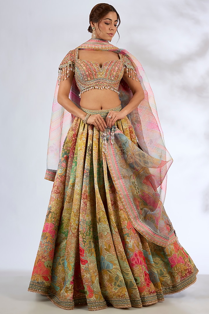Pink Multi-Colored Chanderi Hand Embroidered Bridal Lehenga Set by Tarun Tahiliani at Pernia's Pop Up Shop