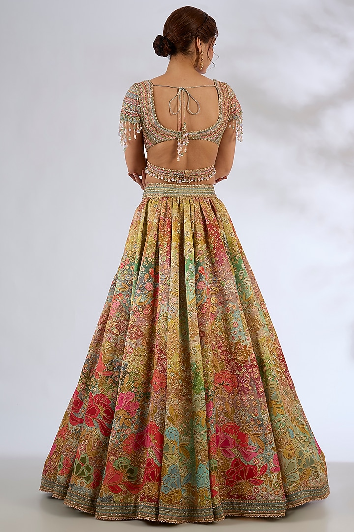 Pink Multi-Colored Chanderi Hand Embroidered Bridal Lehenga Set by Tarun Tahiliani at Pernia's Pop Up Shop
