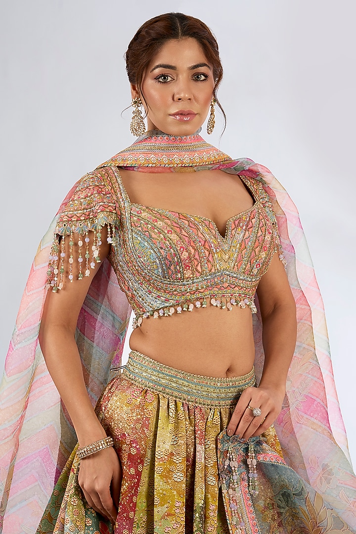 Pink Multi-Colored Chanderi Hand Embroidered Bridal Lehenga Set by Tarun Tahiliani at Pernia's Pop Up Shop