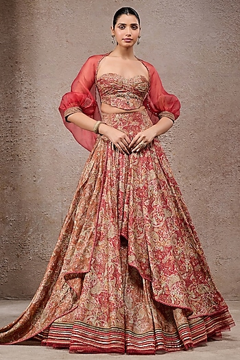 Rust Tussar Silk Printed Draped Jacket Lehenga Set by Tarun Tahiliani