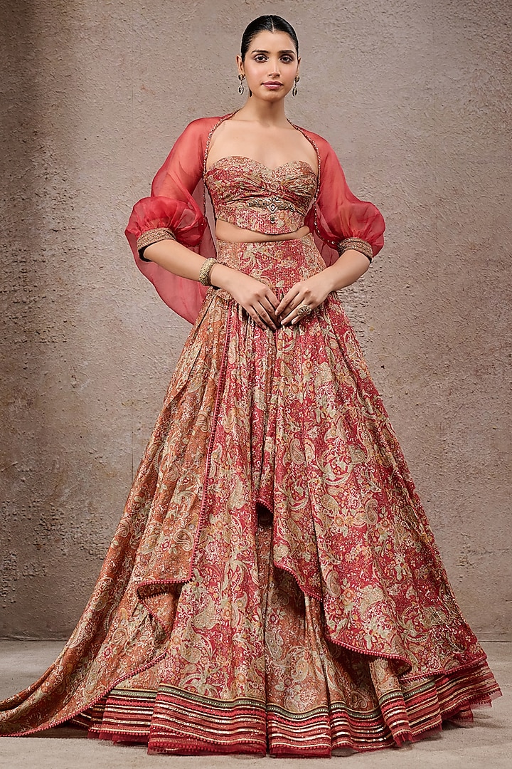 Rust Tussar Silk Printed Draped Jacket Bridal Lehenga Set by Tarun Tahiliani at Pernia's Pop Up Shop