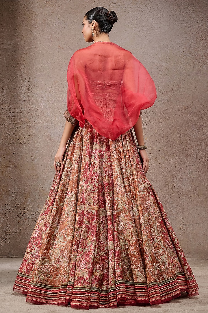 Rust Tussar Silk Printed Draped Jacket Bridal Lehenga Set by Tarun Tahiliani at Pernia's Pop Up Shop